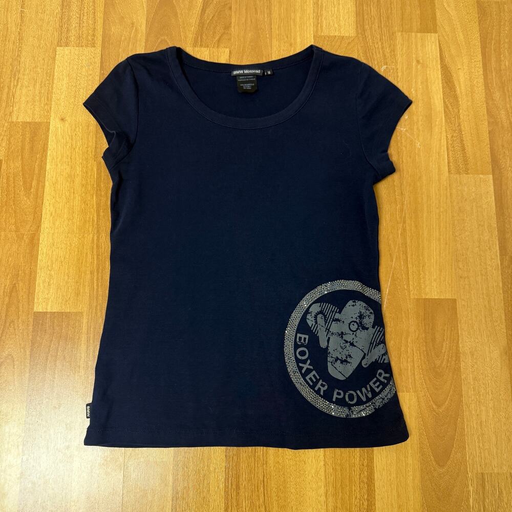 Women's BMW Motorrad Navy Blue Bedazzled Boxer Power Baby Tee Shirt Sz Medium